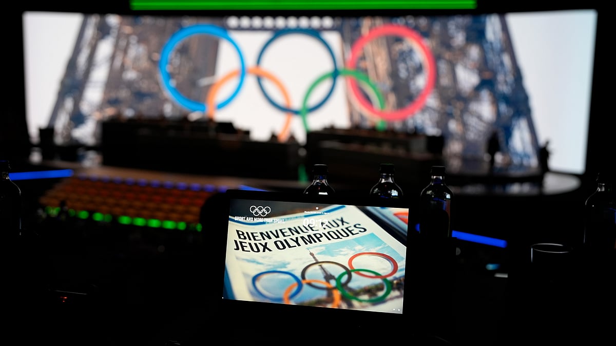 (AP Photo/David Goldman) : A laptop shows the Olympic rings during the IOC session at the 2024 Summer Olympics, Wednesday, July 24, 2024, in Paris, France. 